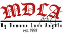 Logo with stylized text 'MDLA' and 'My Demons Love Angels est. 1997' on a white background